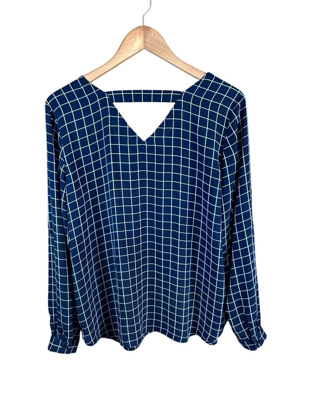 LOFT Navy Window Pane Navy and White Blouse Medium